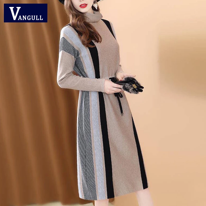 

Vangull Elegant knitted Dress Spell color Turtleneck Dress 2019 New Autumn Winter Female Holiday Style Sashes Long Dresses