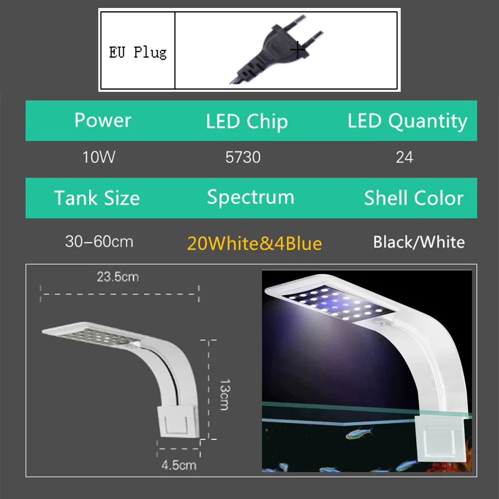 X5-W-BW 220V EU Светодиодный светильник для аквариума с вилкой EU/AU/US/UK, светильник для аквариума X5 10 Вт, лампа для выращивания растений, аквариума, лампа для пресноводного аквариума - Цвет: X5-W-BW 220V EU