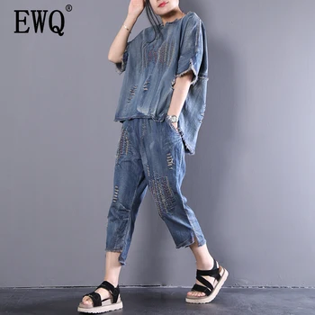 

[EWQ] 2020 Summer New Pattern Office Lady Style Round Collar Washed White Striped Pattern Five Sleeve Seven Pants Suit AF659