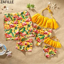ZAFILLE/семейные купальный костюм с бандажом и принтом Фламинго, бикини для мужчин и мальчиков, пляжные шорты для женщин и девочек, пляжная одежда