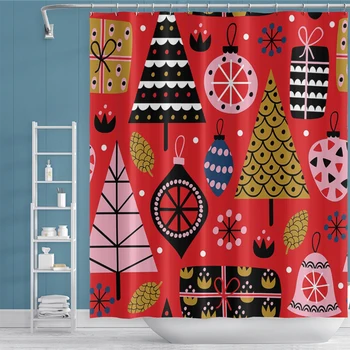 

Cassisy Merry Christmas Printed Bathroom Shower Curtains Tree Bell Gifts Bath Curtain Waterproof Polyester Washable With Hooks