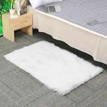 

New 75x120cm Soft Faux Sheepskin Fur Chair Cushion Area Rugs for Bedroom Floor Shaggy Silky Plush Carpet White Bedside Mat