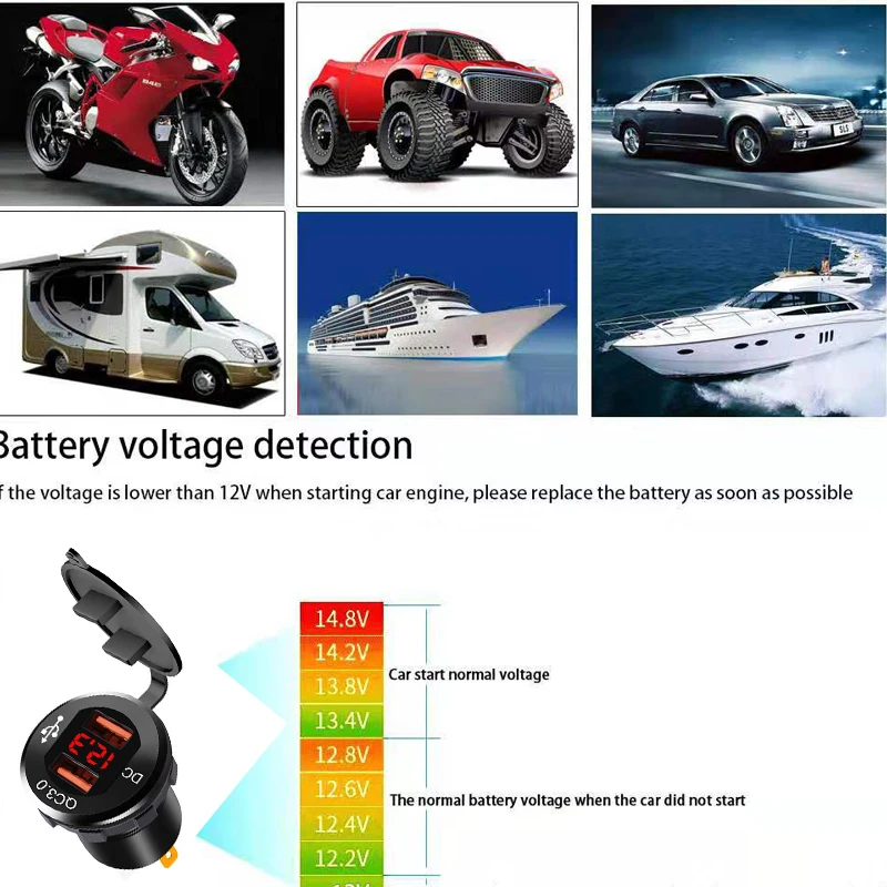 12-24V Автомобильное зарядное устройство с металлическим дисплеем подходит для кораблей/мотоциклов QC 3,0 Автомобильное зарядное устройство подходит для лодки/автомобиля/RV адаптер мобильного телефона