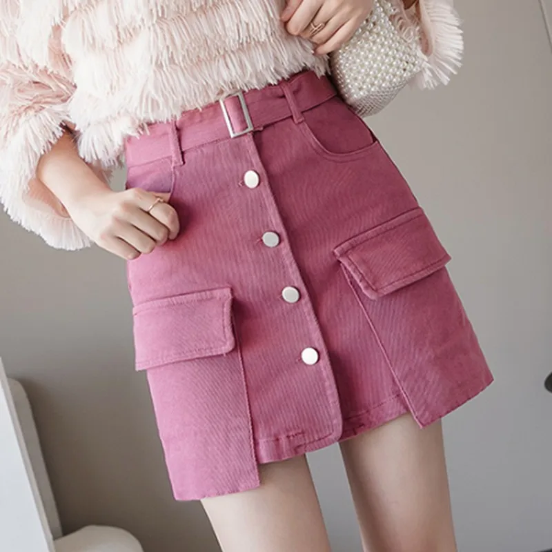 Осенняя Женская юбка трапециевидная мини-юбка с высокой талией повседневные винтажные Женские однотонные юбки с большим карманом женские модные юбки - Цвет: Розово-красный