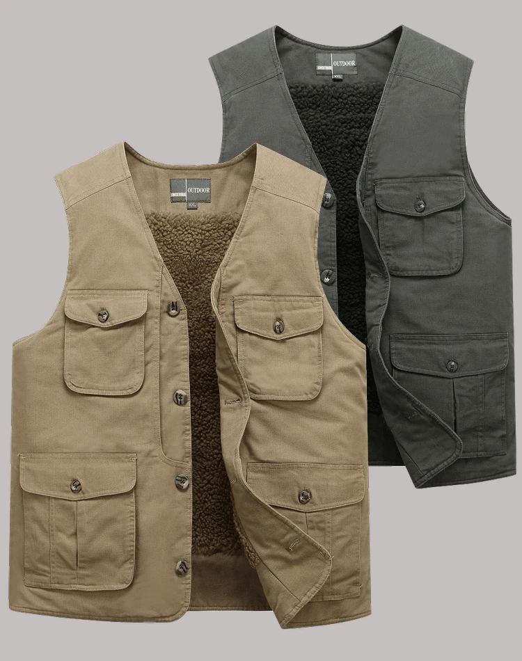 Promotion Winter Multi Pocket Baggy Vest Casual Men Khaki Fleece Warm Sleeveless Jacket With Many Pockets Solid Zipper Reporter Waistcoat