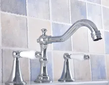 

Polished Chrome Brass Deck Mounted Dual Handles Widespread Bathroom 3 Holes Basin Faucet Mixer Water Taps mnf542