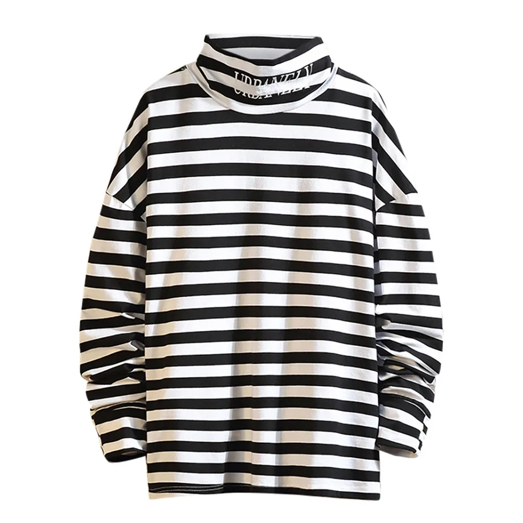 

men's streetwear Turtleneck t-shirt for men Men's New Style Casual Fashion Stripe Printing Turtleneck Long Sleeves Tops#G3