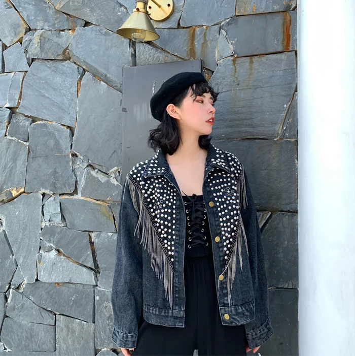 Chaquetas Mujer, осень, уличная одежда, джинсовая куртка для женщин, ручная работа, заклепки, кисточка, цепь, короткая джинсовая куртка, свободные черные пальто