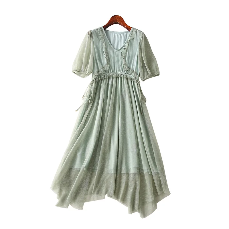 

One-Piece Epoxy Tooling Board Ear Joint Elastic Waist Liangsi Gauze V-neck Dress Women's Entity