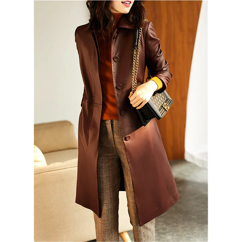 Women's Genuine Leather Coat Lace Up Sheepskin Jacket Long Trench Large Size Tops Spring And Autumn