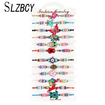 

60pcs/set Owl Animal Star Crystal Charm Child Bracelets Women Enamel Evil Eye Adjustable Weave Rope Bracelet Jewelry Wholesale