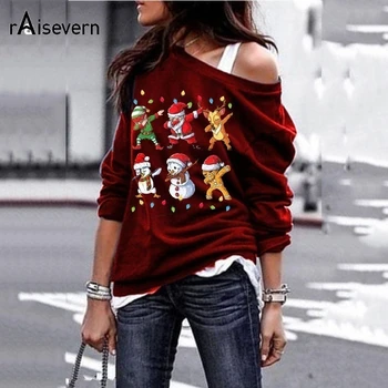 

Raisevern Christmas Women Sweatshirts Off Shoulder Hiphop Casual Fashion Pullover 2019 Fall New Oversize 5XL