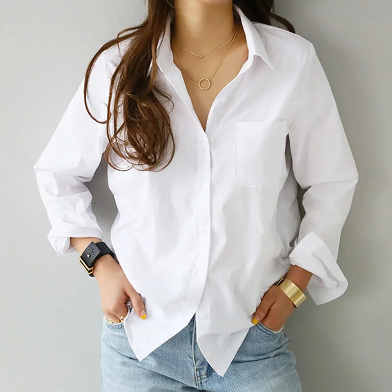 2019 Autumn Winter White Shirt Women One Pocket Blouse Female Turn-down Collar OL Style Tops Long Sleeve Women Loose Blouses