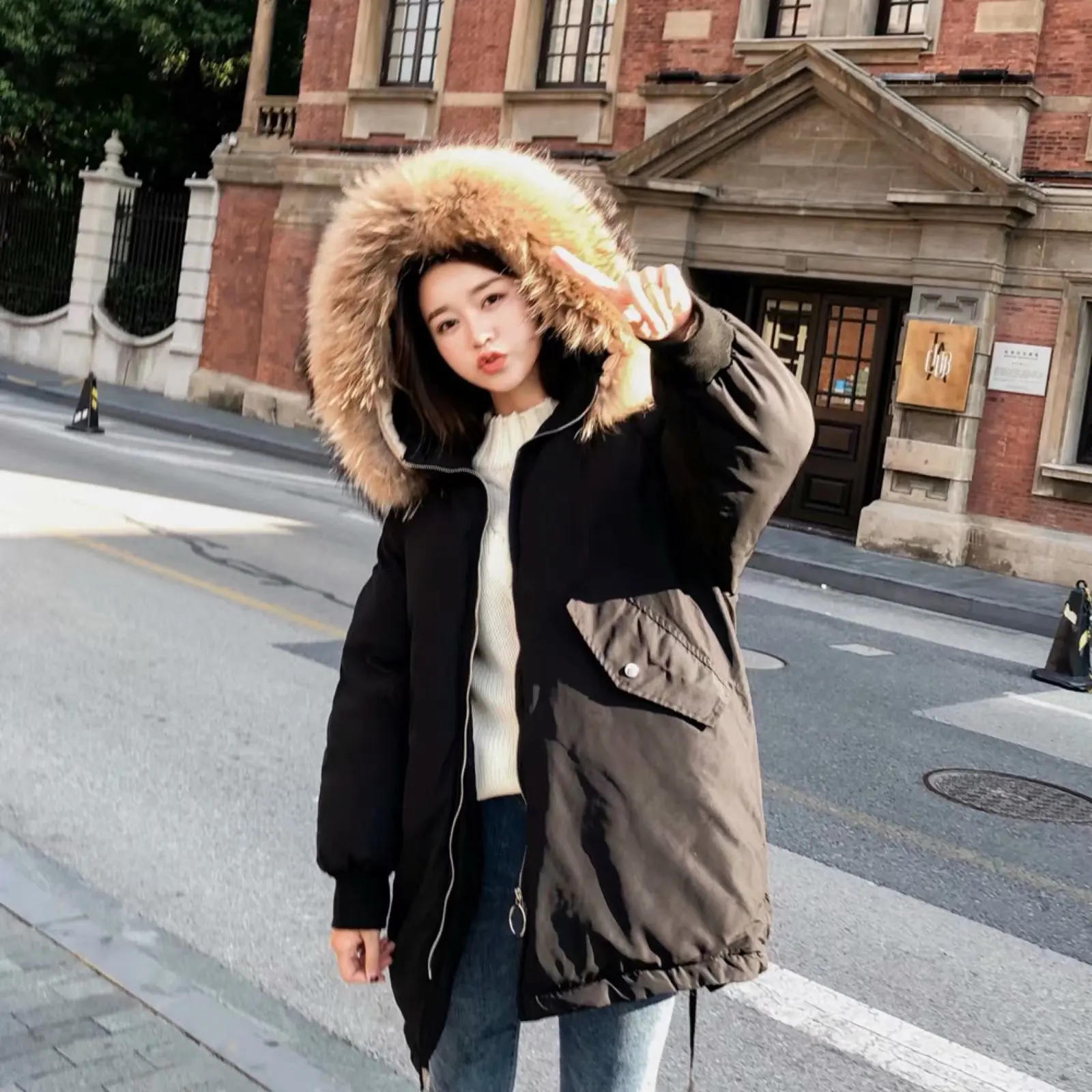 

Winter New Style Europe And America WOMEN'S Dress Fashion Oversized Fur Collar Deconstructable Cotton Overcoat W2947