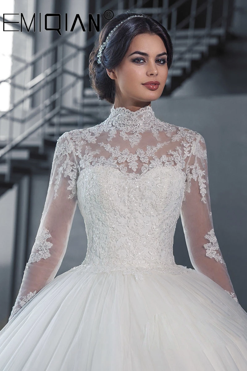 Vestido De Noiva свадебное платье с длинным рукавом и высокой горловиной на спине, кружевное бальное платье, свадебные платья, robe de mariage, новинка
