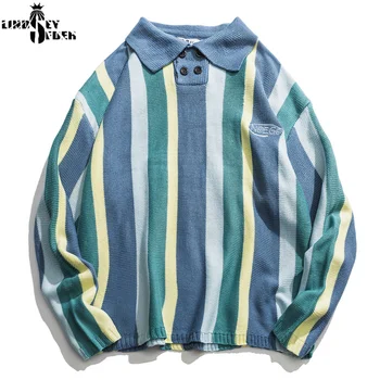 

Lindsey Seader Winter Warm Pull Sweater Turn-down Collar Streetwear Vintage Knitwear Striped Men's Sweater Jumper Outwear Coat
