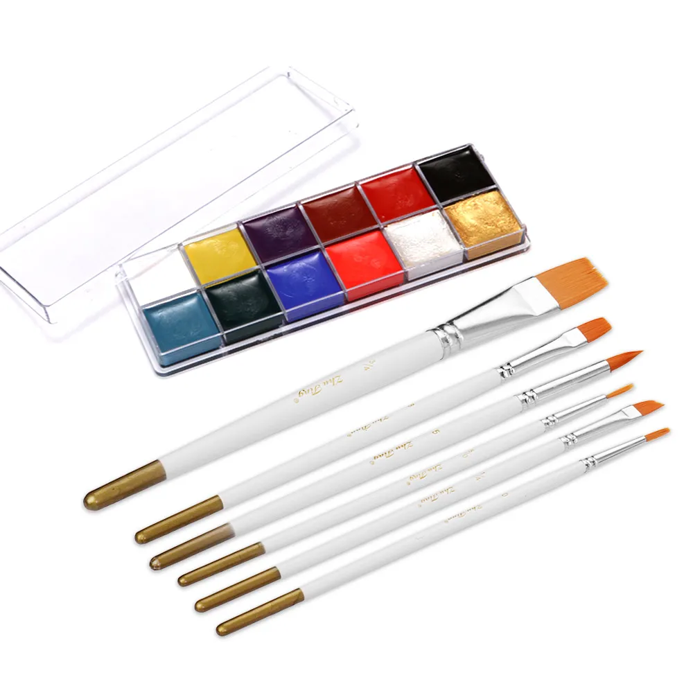 

12 Colors Solid Oily Face Paint Pigment Greasepaint Kit with 6pcs Paintbrush Brushes Safe Body & Face Paint Facepaints Bodypaint