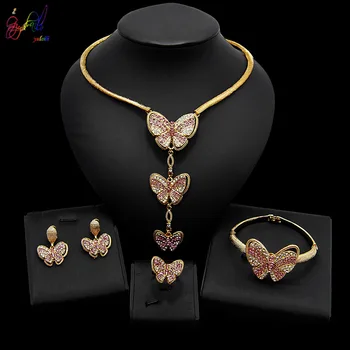 

Yulaili Women Jewelry Sets Embellished With Crystals Butterfly Pendant Necklace Earrings Bracelet Ring Gold Color Jewellery
