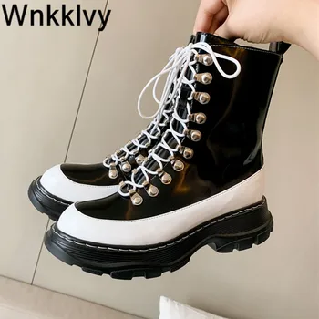 

Thick sole mixed colors Martin boots women round toe metal rivets lace up ankle boots handsome motorcycle boots zapatos mujer