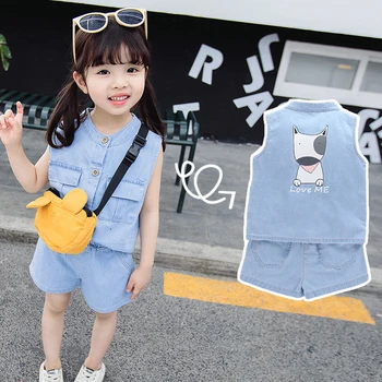 

2020 new Clothing Sets girls clothing cartoon cute dog pattern short sleeve + denim shorts girls outfits summer suits for kids