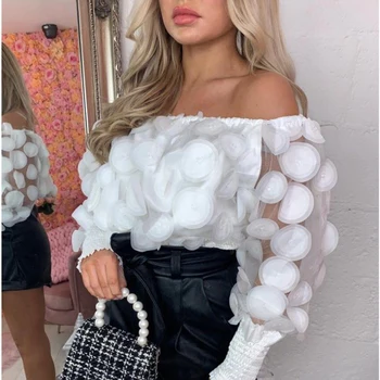 Sexy Off Shoulder womens tops and blouses 2020 Mesh Sheer Puff Sleeve Tops Summer 3D Flower Vintage White Women Shirt Blouse 1