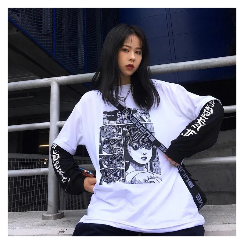 

N iceMix Harajuku Hip Hop T-shirts Women Clothes Spring Couple Long Sleeve Loose T Shirt Casual Horror comics Print Tshirts Girl