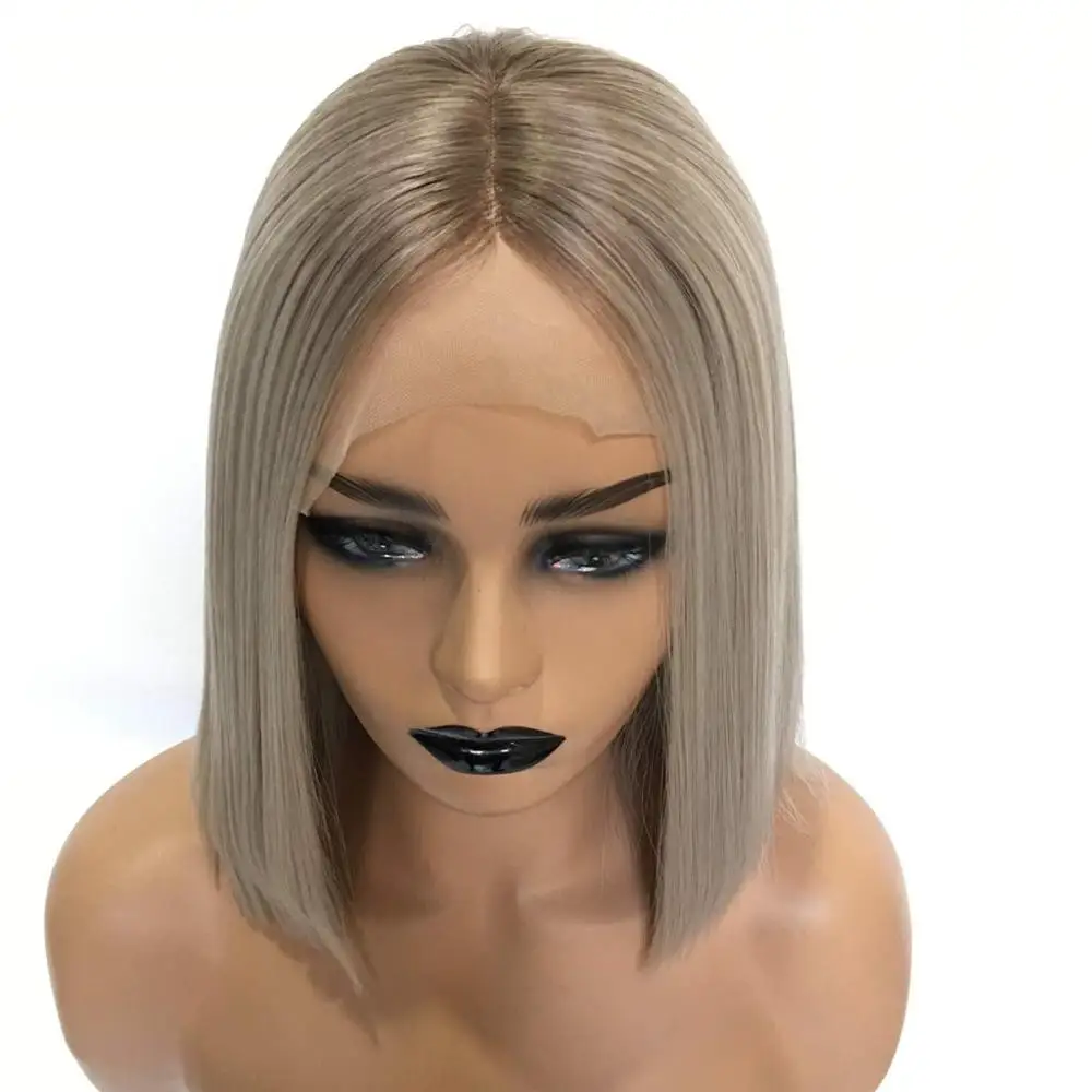 

DLME Lace Front Wig Blonde Bob Wig 14" Short Blonde Ombre Gray Wig with Brown Roots Natural Straight Middle Part Synthetic wig
