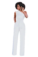 Summer Sleeveless Belt Wide Leg Elegant Lady Plus Size Bodycon Jumpsuits White Black Sexy One Shoulder Rompers Womens Jumpsuit