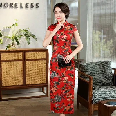 Sheng Coco китайские платья Длинные Ретро Cheongsam с цветочным принтом винтажные Qipao традиционная одежда для выпускного вечера Женские Большие размеры 3XL 4XL - Цвет: red long qipao