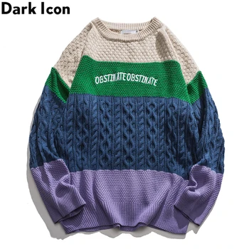 

Letters Embroidery Color Block Men's Sweater Round Neck Loose Knitwear Sweater Men