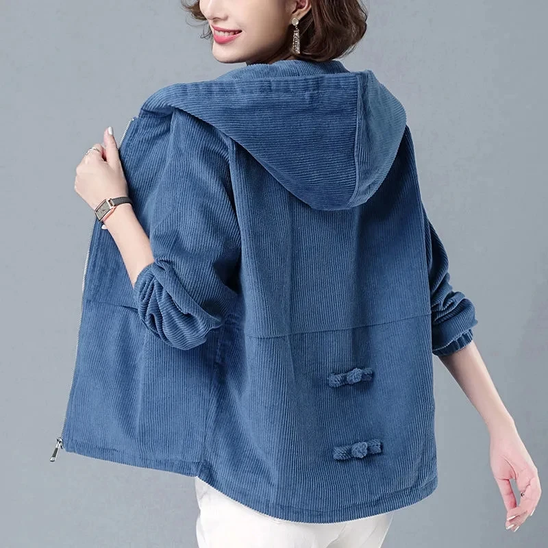 Women Spring Autumn Corduroy Jacket 2026 Female New Korean LooseShort Jacket Middle-aged Mother Hooded Jacket A486