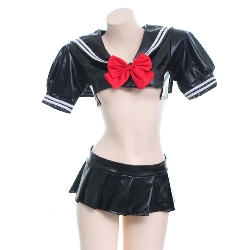 

Woman Sexy Halloween Costumes Bowknot Tops Skirt Kawaii Lingerie Set PU Leather Sexy School Girl Underwear Maid Uniform