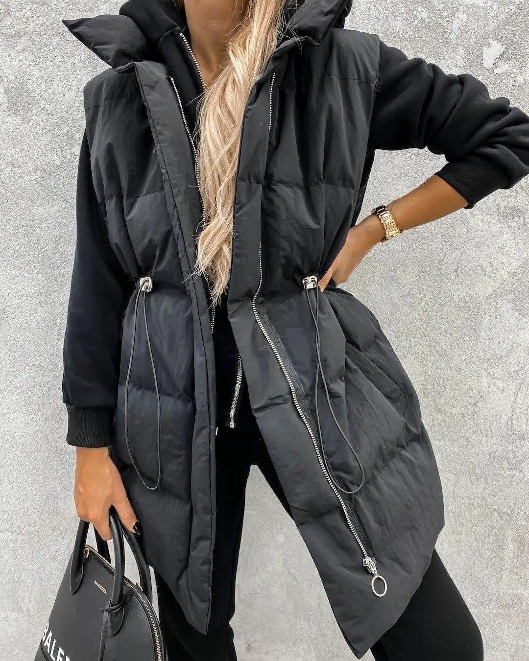 Sleeveless Zipper Jacket Women Drawstring Waistcoat Winter Cotton Padded Casual Streetwear Puffer Parkas Autumn Quilted Coats