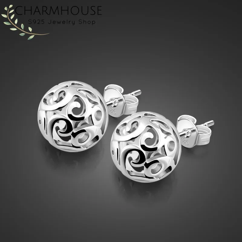 Чистое серебро 925, серьги для женщин, 10 мм, полые шарики, сережки Brincos Femme, модные свадебные ювелирные изделия, аксессуары, бижутерия