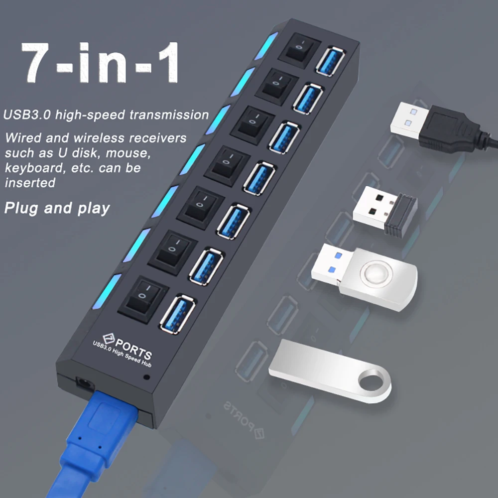 USB Hub 3.0 Hub USB 3 USB 2.0 Multi USB Splitter Power Adapter 4/7 Port Multiple Expander 2.0 with Switch for PC Accessories