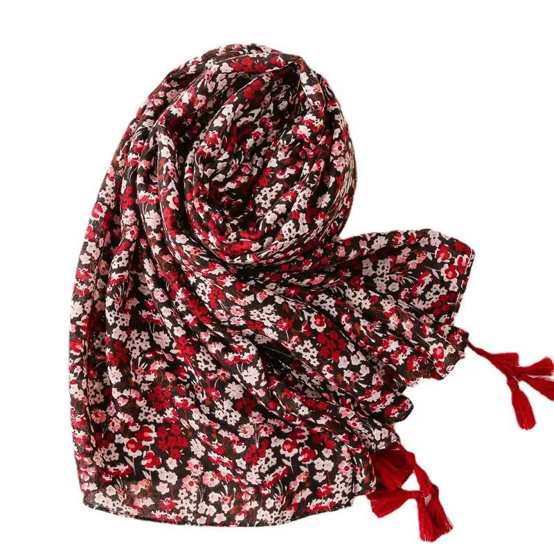 女性のための小さな花柄のタッセルスカーフ流行のスカーフ綿花柄ヒジャーブ無料配達2021コレクション