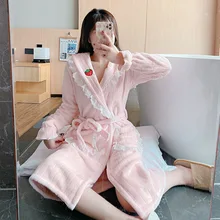 Flannel Thick Robes for Women Winter Warm Bathrobe Sleepwear Pink Coral Velvet Bridesmaids Femme Nightwear Home Lounge