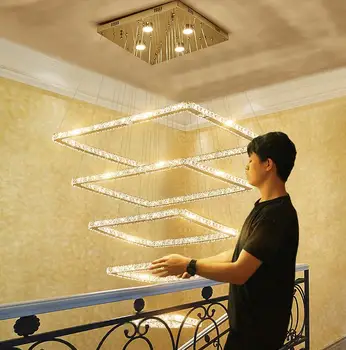 

Duplex building living room big chandelier modern villa crystal long chandelier creative square LED staircase lights dining room