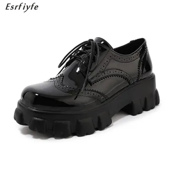 

ESRFIYFE New Vintage Patent Leather Lace Up Women Pumps Platforms Round Toe High Heels Loafers Shoes Woman Party Office Shoes