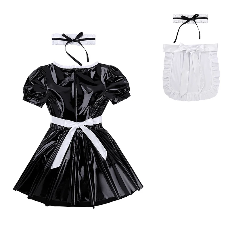 Women Sexy French Maid Servant Role Playing Costume Shiny Babydoll Fancy Dress Lingerie Erotic Cosplay Princess Uniform Aprons