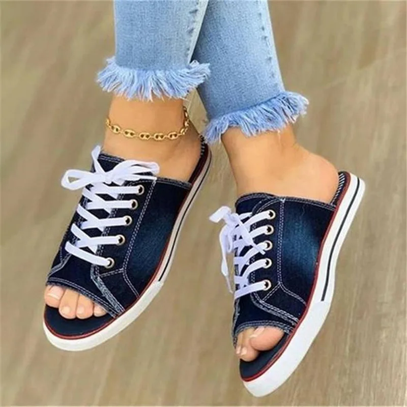 Hollow Out Breathable Slippers Women Slippers Summer Sandals Flat Women Canvas Casual Shoes Lace Up Flip Flops Mules Black Blue