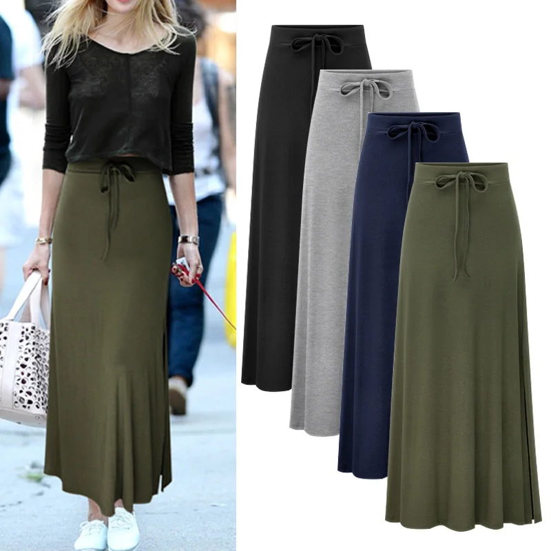 

Women cotton skirts Fashion ladies long Skirt Large Size Elastic Waist Tie up Split Bodycon skirts