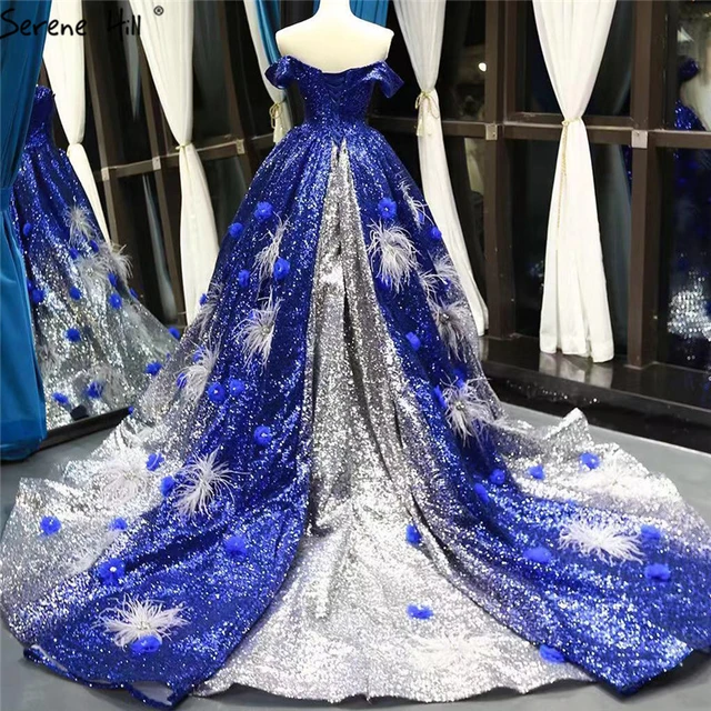 Sparkly Royal Blue Gradient-Color Silver Sequins Red Carpet Evening Dresses  2023 A-Line / Princess Off-The-Shoulder Short Sleeve Appliques Flower  Beading Feather Chapel Train