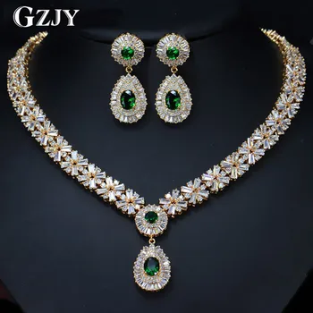 

GZJY Fashion Dubai Gold Plate Jewellery Luxury Sparkling Cubic Zirconia Necklace Earring Party Jewelry Set for Women