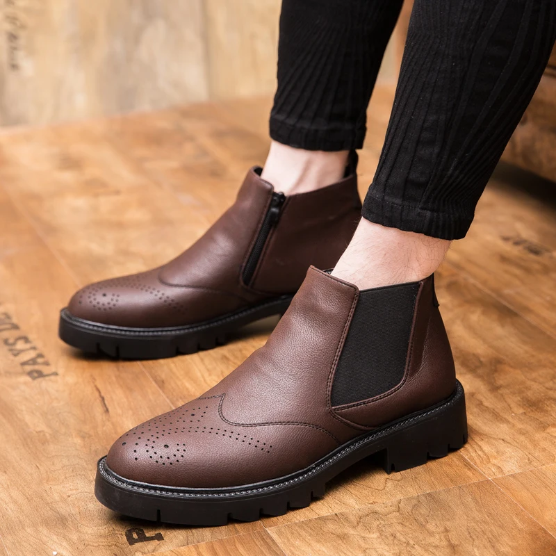 

Luxury Brand Zipper Boots for Men Fashion Brogue Sneakers Black Split Leather Tendency Male Italian Retro Brogue Boots