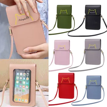 

Mini Mobile Phone Bag With Back Side Clear Touching Screen Girl Leather Crossbody Bag Fashion Women Bags Cell Phone Handbag