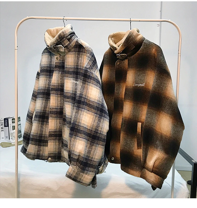 Мужская хлопковая одежда, весна, новая свободная клетчатая овечья шерсть, хлопковая одежда для пары, Молодежная индивидуальная модная мужская одежда