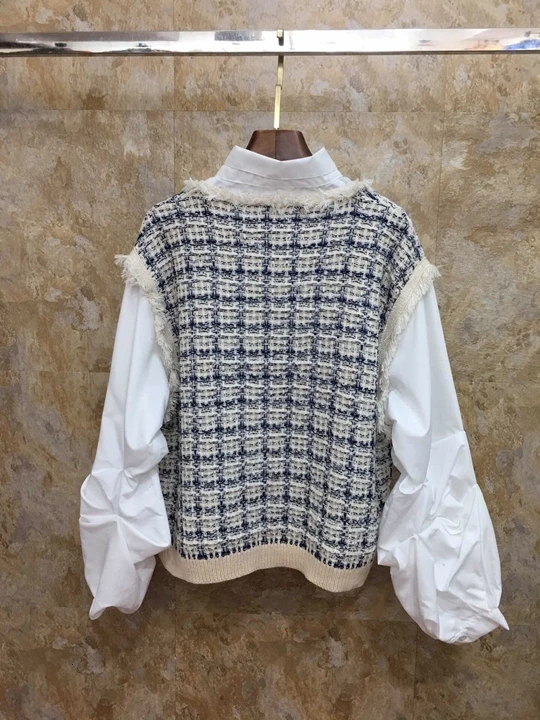 Autumn Early New Female Tie, Colour Matching and Splicing Fabric, Lattice Decoration, Long Sleeve Bottom Jacket 919