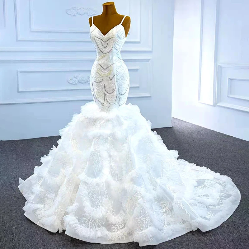 J67123 White Meimaid Wedding Dress 2021 Appliques Pearls V-Neck Spaghetti Straps Sleeveless Lace Up Back Beading 4