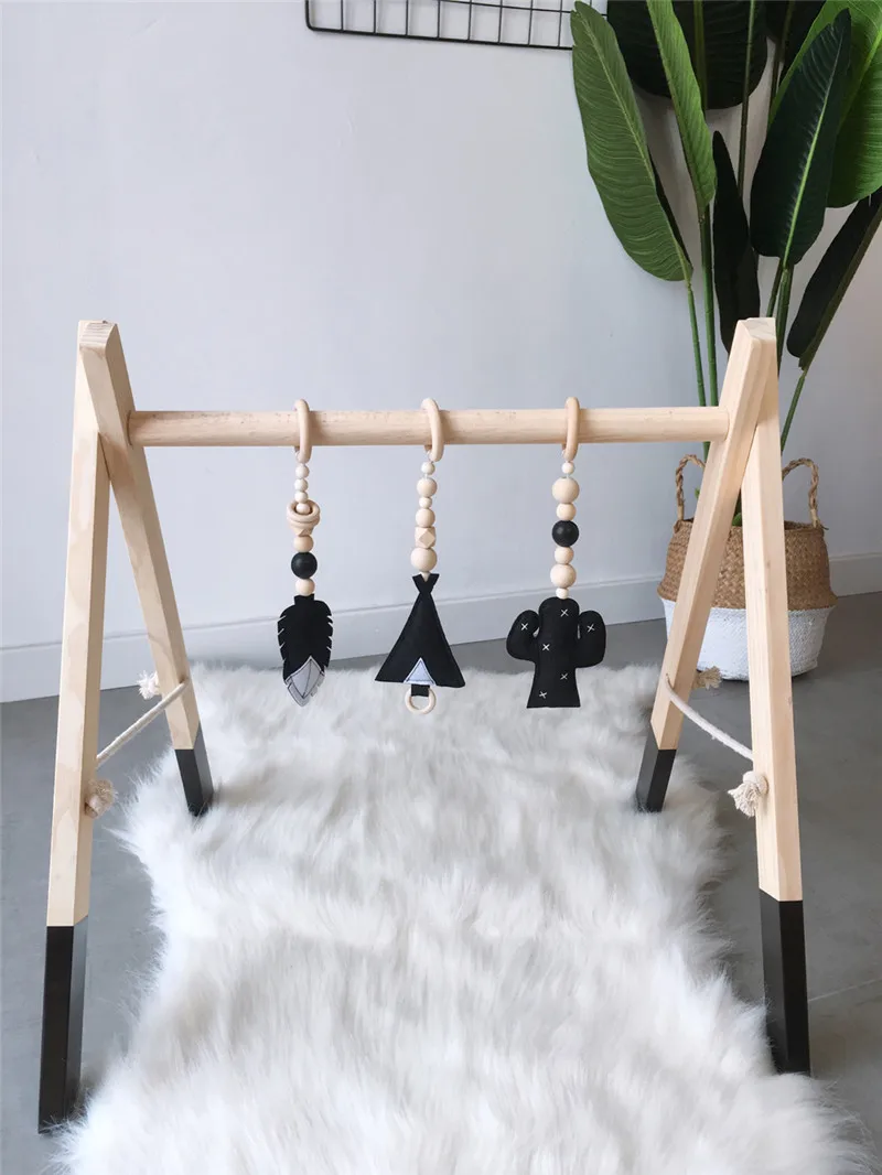 

3 PCS Wooden Beads Ornaments With Felt Feather Cactus Tent Hanging Pendant Baby Rattle Stroller Play Gym Toy Nursery Decor Props